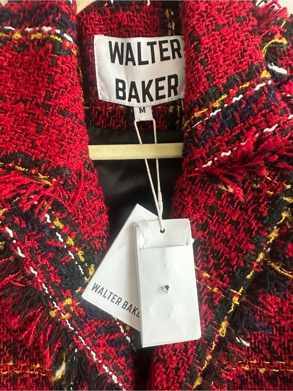 Walter Baker Red Plaid Tweed Blazer with Fringe Trim - Picture 3 of 4